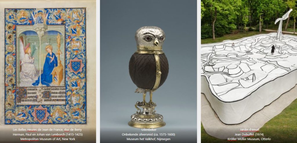 Collage van drie sleutelwerken: Les belles Heures de Jean de France, de Uilenbeker, en Jardin d'émail.